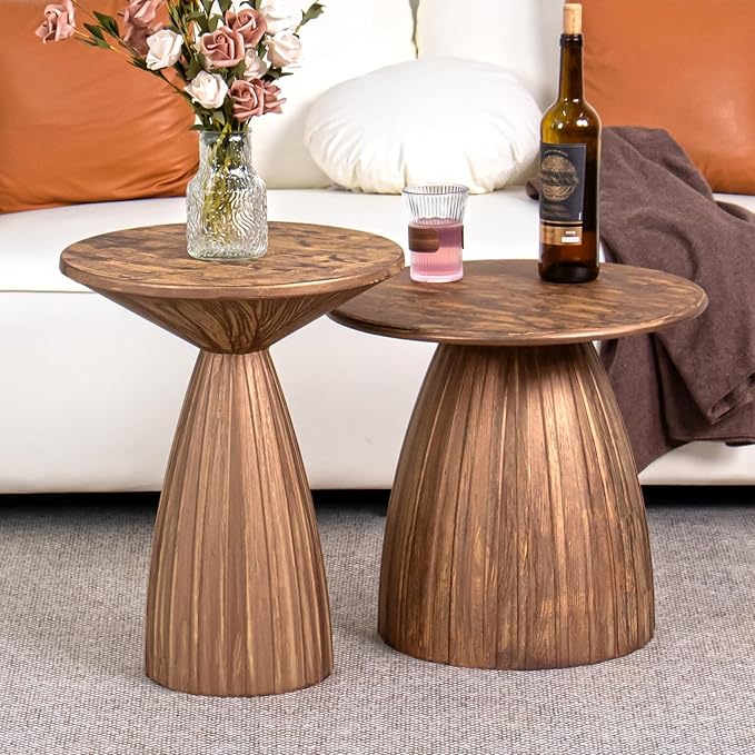 Round Small Patio Side Table Set of 2, Patio Furniture Accent End Table, Metal Steel Outdoor Side Table, for Garden, Pool, Yard, Balcony, Living Room, Deck, Weather Resistant, No Assembly, Wood Color