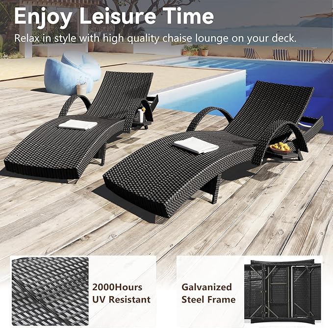 Yayzy 80'' Long Outdoor Wicker Chaise Lounge Chairs Set of 2, Patio Rattan Reclining Chair with Adjustable Backrest & Armrests, Durable PE Rattan Sunbathing Chairs for Pool, Garden, Backyard, Black