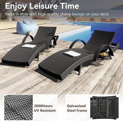 Yayzy 80'' Long Outdoor Wicker Chaise Lounge Chairs Set of 2, Patio Rattan Reclining Chair with Adjustable Backrest & Armrests, Durable PE Rattan Sunbathing Chairs for Pool, Garden, Backyard, Black