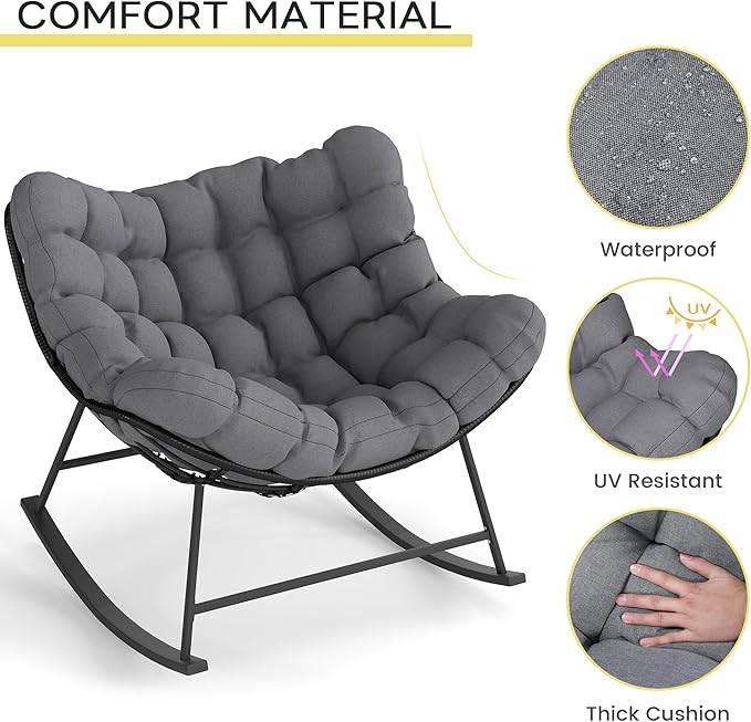 Kromax Oversized Outdoor Papasan Rocking Chair, Wicker Egg Chair Rocker for Outside, Comfy Patio Rocker, Large Indoor Rocking Recliner, Modern Egg Style, Grey