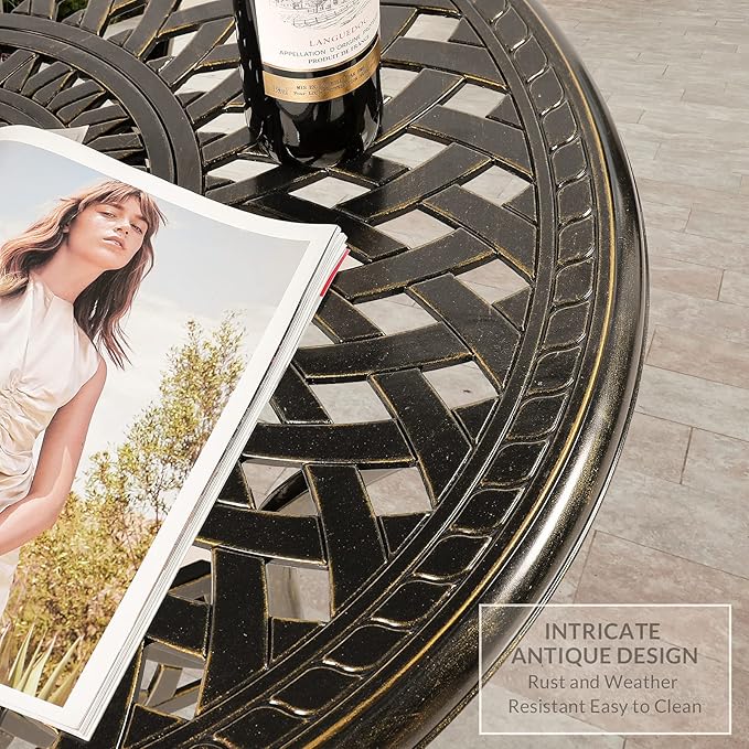 VIVIJASON 31" Patio Bistro Table Outdoor Dining Round Table Bronze Cast Aluminum Table with Umbrella Hole - Photo 5