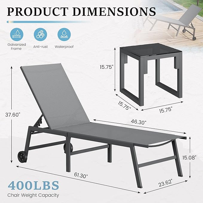 UDPATIO Patio Lounge Chair with Wheels 2 Pieces Outdoor Chaise Lounge with Side Table 5 Adjustable Position Recliner for Patio, Beach, Yard, Pool