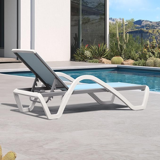 PURPLE LEAF Patio Chaise Lounge Chair with Armrests Outside Aluminum Plastic Stackable Tanning Chairs for Pool Sunbathing Beach Deck Outdoor Lounger, Light Blue