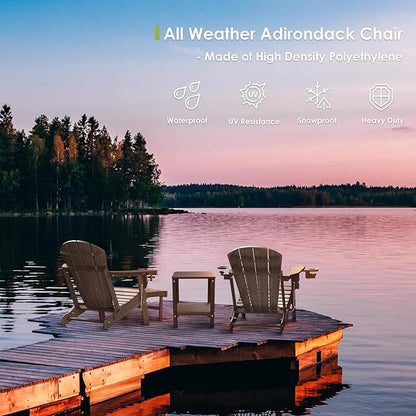 GREENVINES Adirondack-Chairs-with-Ottoman | Wood Grain | Dark Brown | Folding | Retractable-Footrest | HDPE Plastic | All Weather Fire Pit Chair | Cup Holders | for Outdoor Poolside