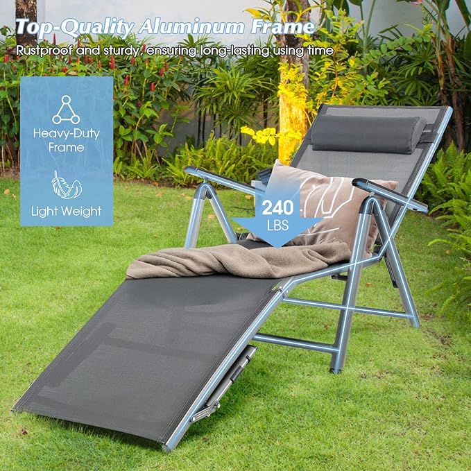 Giantex Outdoor Chaise Lounge Chair - Folding Lounge Chair w/ 8-Level Adjustable Backrests, Aluminum Frame, Cozy Headrest Pillow, Patio Recliner for Backyard Poolside Balcony (1, Gray)