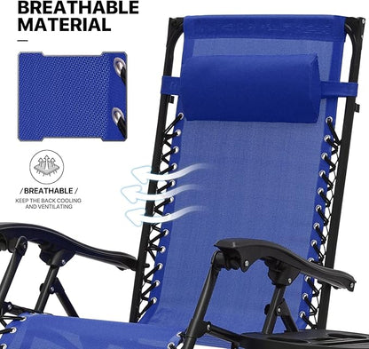 MoNiBloom Zero Gravity Chair Set of 2 with Canopy Shade, Patio Folding Anti Gravity Recliner, Foldable Outdoor Lounger with Cup Holder Tray for Beach Camping, Blue