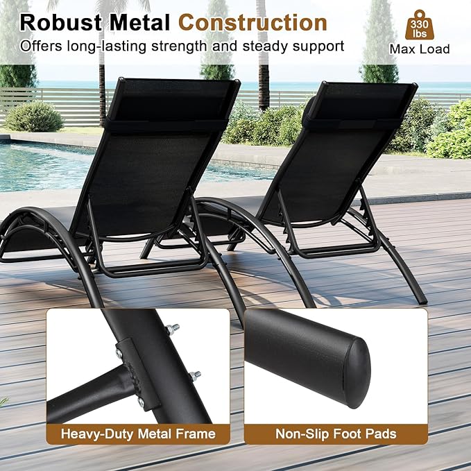Tangkula Lounge Chairs Outdoor Set of 2, Heavy-Duty Patio Chaise Lounges with 5-Position Backrest & Breathable Seat Fabric, Outside Beach Pool Sunbathing Recliner for Backyard, Poolside (Black)