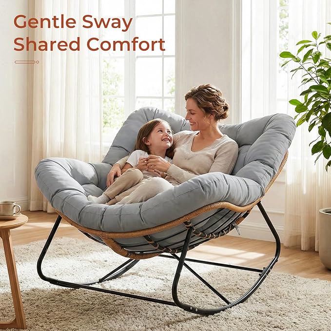 TLSUNNY Outdoor Papasan Rocking Chair, Oversized Padded Lounge Rocker with Cushion, Comfy Wicker Egg Lounge Chair, Large Indoor Rocking Recliner for Living Room/Porch/Garden (Grey)