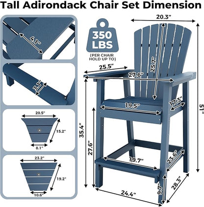 Outdoor Recycled Poly Adirondack Barstools with Connecting Tray, Tall Adirondack Chairs Bar Chairs for Deck, Balcony, Backyard, Patio Bar Stool Chair with High Back Weather Resistant Set of 4