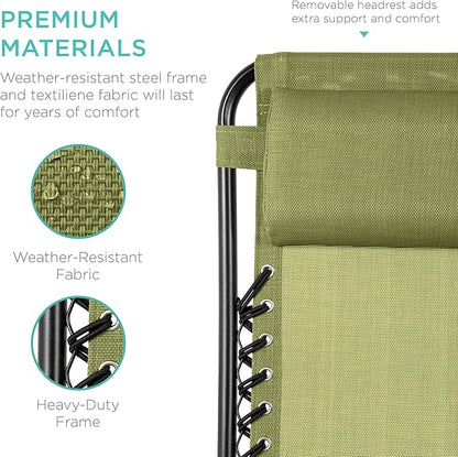 Best Choice Products Set of 2 Adjustable Steel Mesh Zero Gravity Lounge Chair Recliners w/Pillows and Cup Holder Trays - Dusty Green/Black