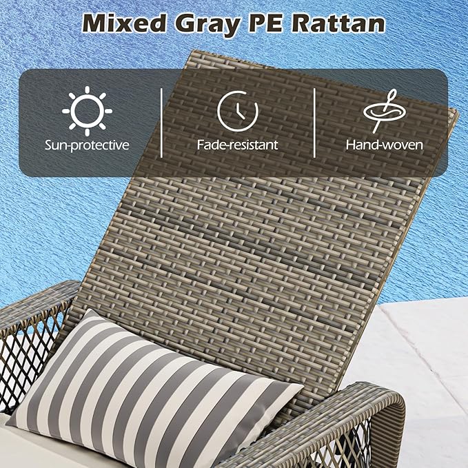 Wicker Chaise Lounge Chair, Patio Rattan Recliner with 6-Position Adjustable Backrest, Soft Cushions, Removable Lumber Pillow & Armrests, Lounger Chair for Poolside & Backyard (Off White)