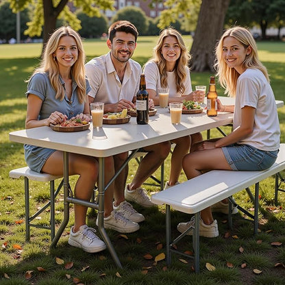 6FT Folding Bench - Heavy Duty 770lbs Capacity, Safety Locking Button & Wider Carrying Handle, Foldable Portable Bench for Outdoor, Picnic, Storage, Camping - White, 1 Pack