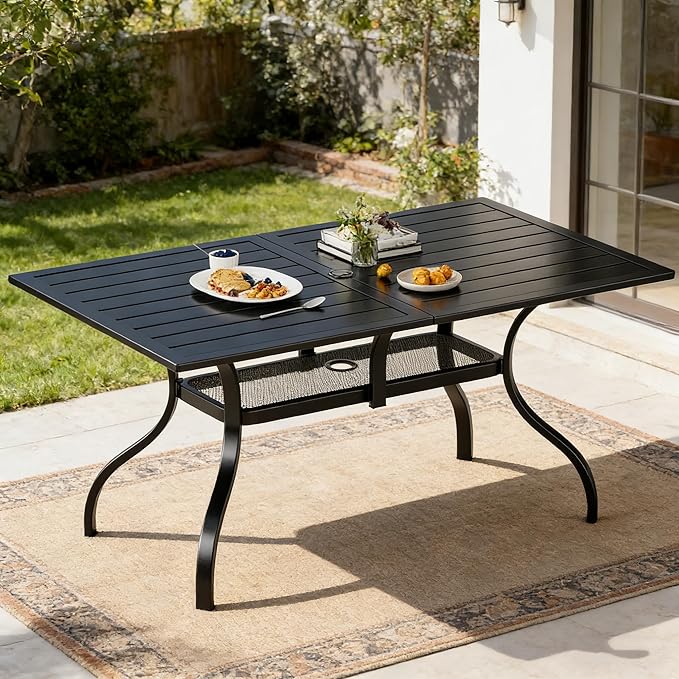 SUNCROWN 60"x37" Black Patio Outdoor Dining Table Metal Steel Slat Rectangular Bistro Table for Porch Deck Garden Backyard Poolside, 1.57" Umbrella Hole