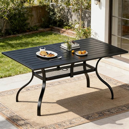 SUNCROWN 60"x37" Black Patio Outdoor Dining Table Metal Steel Slat Rectangular Bistro Table for Porch Deck Garden Backyard Poolside, 1.57" Umbrella Hole