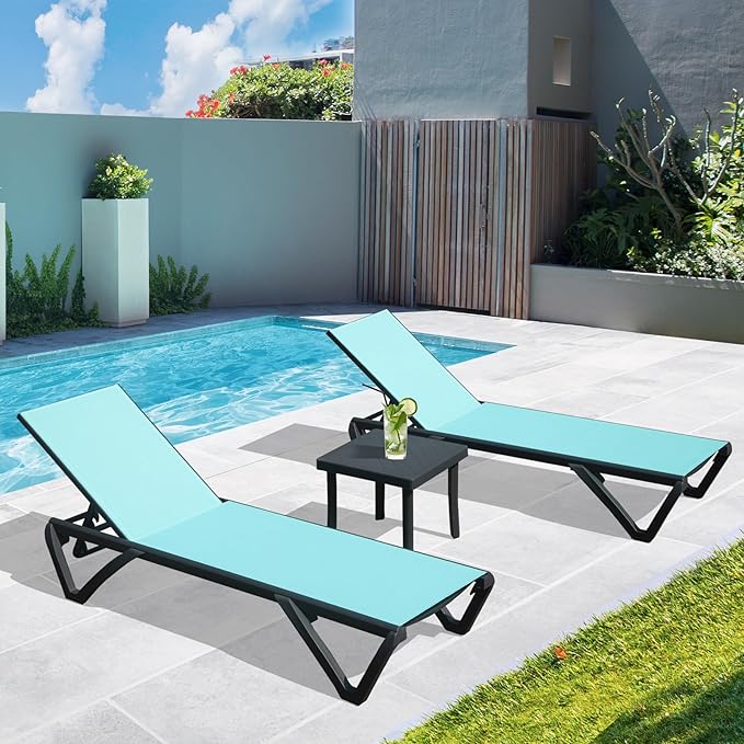 Domi Patio Lounge Chairs Set of 3, Aluminum Pool Chaise Lounge with Side Table - Photo 8