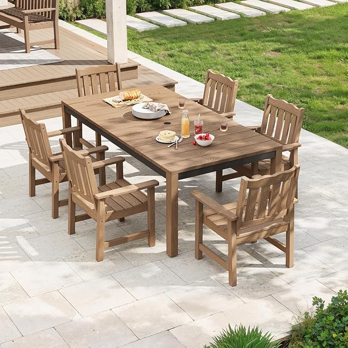 Stoog 7-Piece All-Weather Patio Dining Set, HIPS Dining Table with Cross-Braced Aluminum Frame & Umbrella Hole - Photo 3