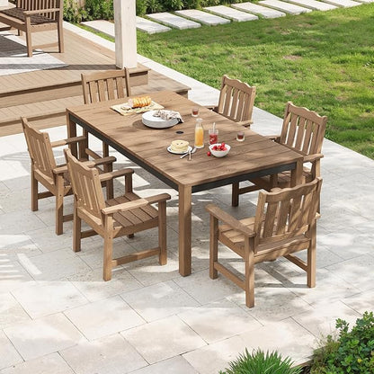 Stoog 7-Piece All-Weather Patio Dining Set, HIPS Dining Table with Cross-Braced Aluminum Frame & Umbrella Hole, 6 Waterproof Chairs, Fade & Rot Resistant, for Backyard, Garden, Deck, Teak