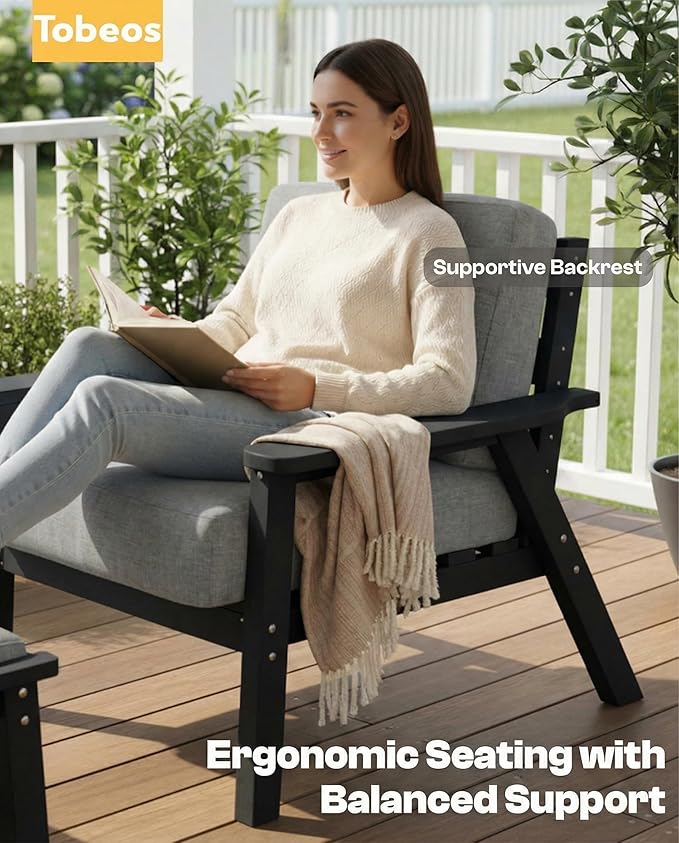 Patio Furniture Set, HDPE Outdoor Sofa Set with Gray Washable Cushions, Patio Conversation Sets for Lawn, Garden, Porch, Balcony & Deck, Durable Outdoor Sectional Furniture (Black Frame)