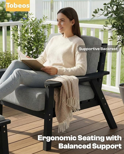 HDPE Patio Furniture Set 4 Seats, Outdoor Couch with Washable Thick Gray Cushions & Coffee Table & Side Table, Outdoor Sectional Furniture for Backyard, Deck, Lawn, Porch (Black Frame)