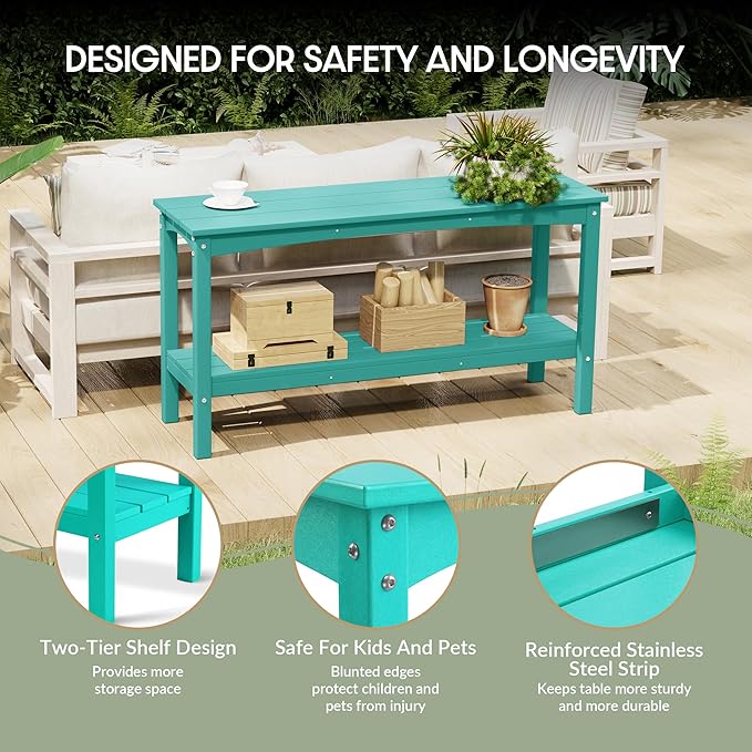 WestinTrends Malibu 55" Outdoor Patio HDPE Adirondack 2-Tier Shelf Console Table, Turquoise