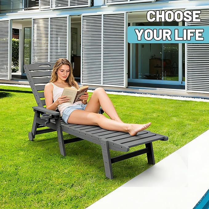 Outdoor Lounge Chairs, 78'' Long Patio Lounge Chair HDPE 5-Position Adjustable with Cup Holder & Rolling Wheels, Pool Lounge Chair for Sunbathing Tanning, Deck, Poolside -Grey