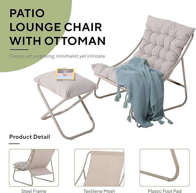 Patio Lounge Chair with Ottoman, Indoor Outdoor Comfy Sling Recliner Chair with Cushion, Modern Oversized Padded Lounge Chair Set with Footstool for Balcony Porch Garden, Champagne