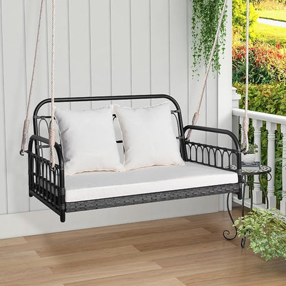HAPPYGRILL 2-Person Patio Wicker Swing Chair, Hanging Outdoor Swing Bench with Removable Cushions, 880 LBS Weight Capacity, Outdoor Front Porch Swing for Garden Poolside Backyard