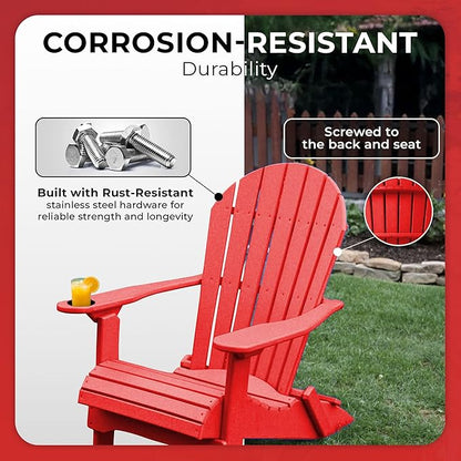 Ecommersify Folding Adirondack Chair with Cup Holder - (Bright Red) - Heavy Duty Recycled Poly Lumber Folding Chair - Amish Crafted Outdoor Furniture - Made in USA