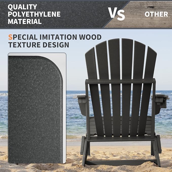 FUNBERRY Folding Adirondack Chair Set of 3, All Weather HDPE Fire Pit Chairs with Cup Holder for Outdoor - Photo 6