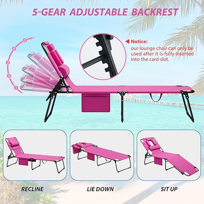 400lbs Tanning Chair, 5-Fold Beach Lounge Chair with Face Hole & 2 Side Pockets, Non-Slip Foot & Portable Handle, Beach Chaise Lounge for Patio/Pool/Lawn(1, Pink)
