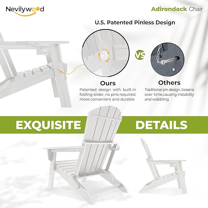 nevilywood HDPE Foldable Fire Pit Chairs Set of 2 with Cup Holders,Wood Grain Durable Design,Perfect for Patio,Backyard & Outdoor Gatherings, White