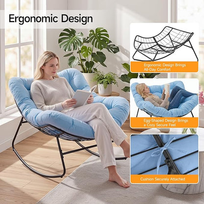 ONBRILL Outdoor Papasan Rocking Chair, 450 lbs Oversized Comfy Patio Chair with Thickened Cushion, Indoor Egg Rocking Lounge Chairs, Rocker Chairs for Patio Porch Garden Living Room Bedroom, Blue