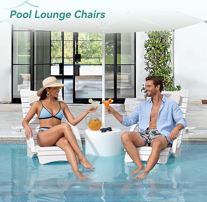 Pool Lounge Chairs Set of 2, Shallow Water 8-10 Inches Deep, HDPS Fade Resistant Pool Tanning Chair with Armrest, Cup Holder, Headrest, 330lbs Capacity, Outdoor Beach Deck Sun Lounger, White