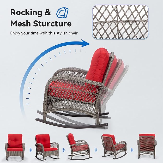 Patio Rocking Chair - Outdoor Rocker Chair with Safe Rocking Design, Metal Frame All Weather Wicker and Premium Fabric Cushions (Mixed Brown/Red)