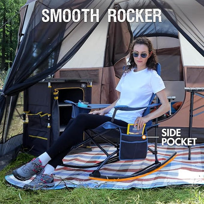 Portal Outdoor Rocking Chair Camping Folding Portable Rocker with Cup Holder Side Pocket Carry Bag, Support 350LBS (Mesh Blue), 2 Pack