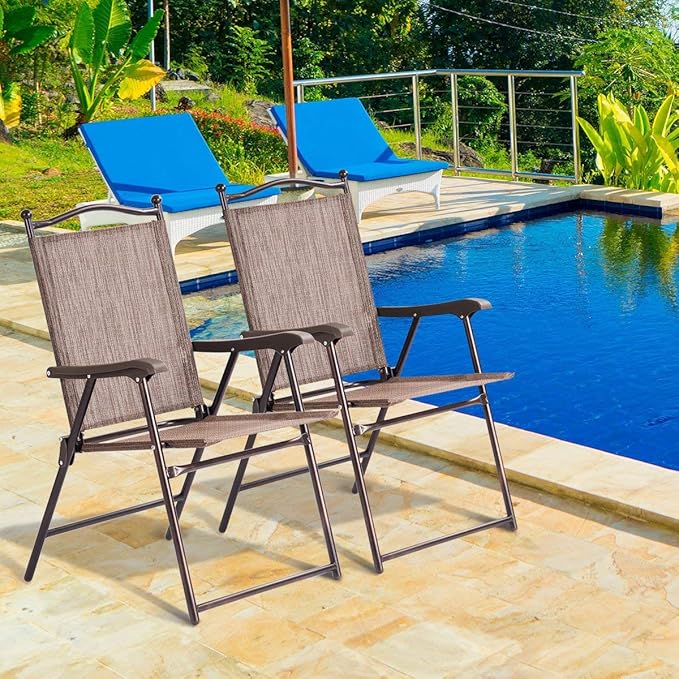 Giantex Set of 2 Patio Folding Chairs, Outdoor Patio Dining Chairs w/Armrest, Sling Back, Metal Frame - Photo 2