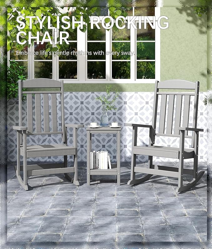 FOOWIN Outdoor Rocking Chair Set of 2, High Back Patio Rocking Chair, HDPE All Weather Resistant Porch Rocker for Adult, Oversized Rocking Chairs for Garden, Lawn, Indoor & Outdoor Use, White Grey