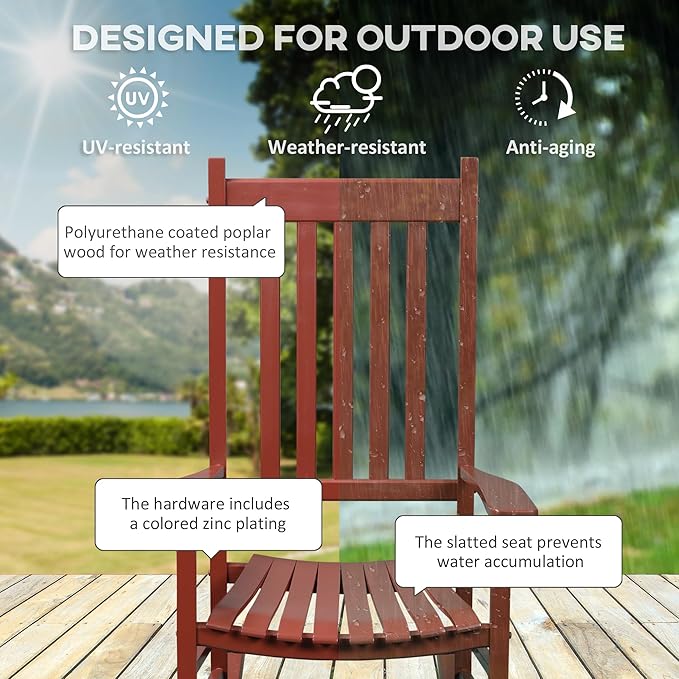 Outdoor Rocking Chair, Patio Wooden Rocking Chair with Smooth Armrests, High Back for Garden, Balcony, Porch, Supports Up to 352 lbs., Wine Red