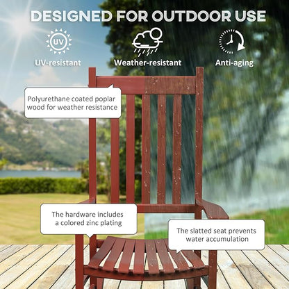 Outdoor Rocking Chair, Patio Wooden Rocking Chair with Smooth Armrests, High Back for Garden, Balcony, Porch, Supports Up to 352 lbs., Wine Red