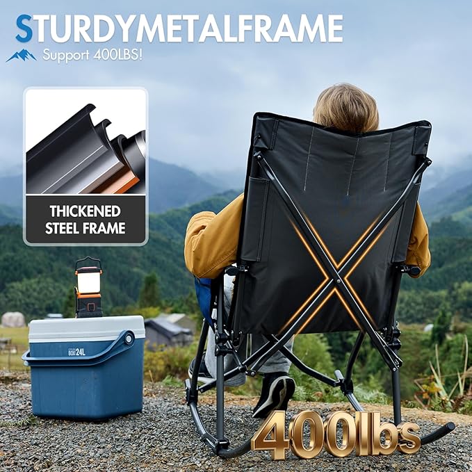 Portal Oversized Folding Rocking Camping Chair Portable Outdoor Rocker with High Back Hard Armrests Carry Bag, Supports 400 lbs, Padded Back, Grey&Blue