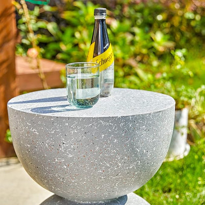 Glitzhome Outdoor Side Table, Round Accent End Table, Lightweight Hourglass Faux Terrazzo Decorative Garden Stool, 17.75" H Gray Planter Stand for Patio Porch Balcony Living Room