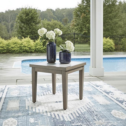 Signature Design by Ashley Rainier Ranch Contemporary Sintered Stone Tabletop Outdoor End Table with 4 Legs, Light Brown & Beige