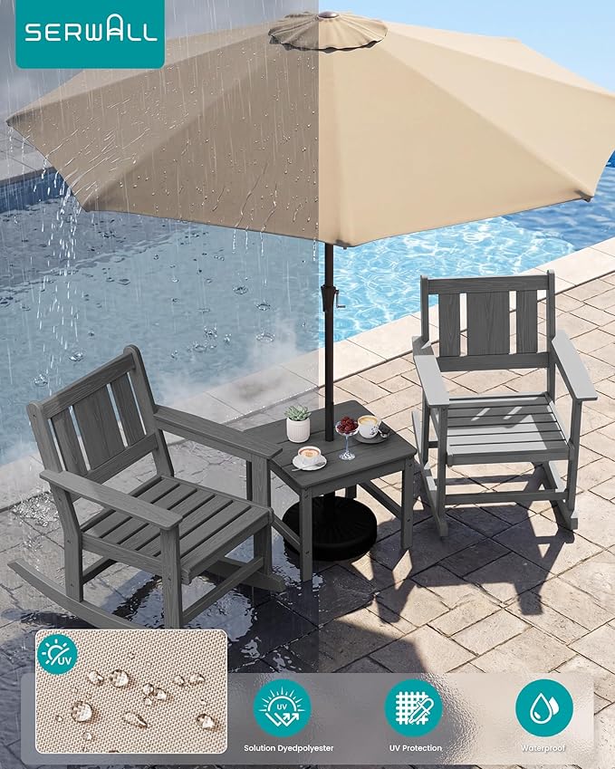 SERWALL Outdoor Rocking Chairs Set of 2 with 1 Side Table & 9ft Patio Umbrella - Photo 4