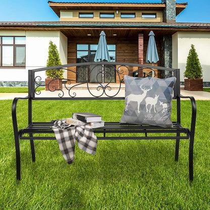 51-Inch Outdoor Garden Bench Classic Metal Patio Park Bench Elegant Porch Deck Loveseat with Cast Iron Frame (A-Type)