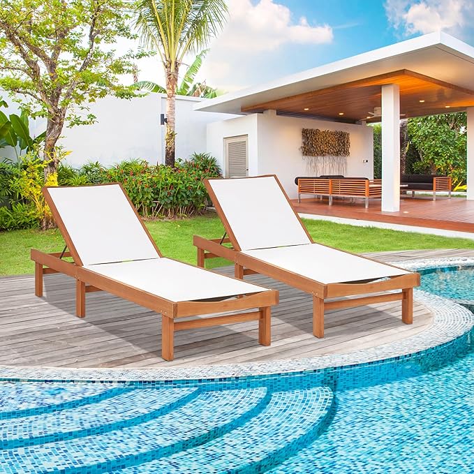 LDAILY Moccha Outdoor Chaise Lounge Chair, Patio Recliner Chaise Lounge with 5 Positions Backrest, Eucalyptus Wood Reclining Lounge Chair with Breathable Fabric for Backyard, Poolside, Lawn, White