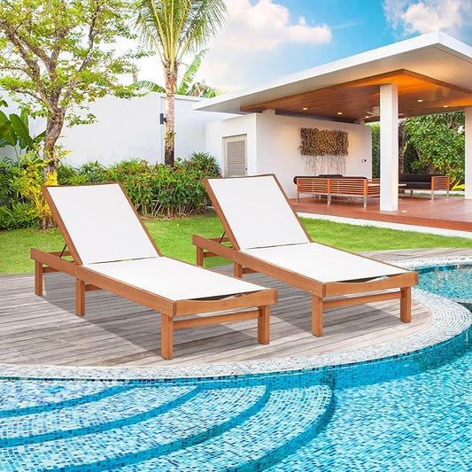 LDAILY Moccha Outdoor Chaise Lounge Chair, Patio Recliner Chaise Lounge with 5 Positions Backrest, Eucalyptus Wood Reclining Lounge Chair with Breathable Fabric for Backyard, Poolside, Lawn, White