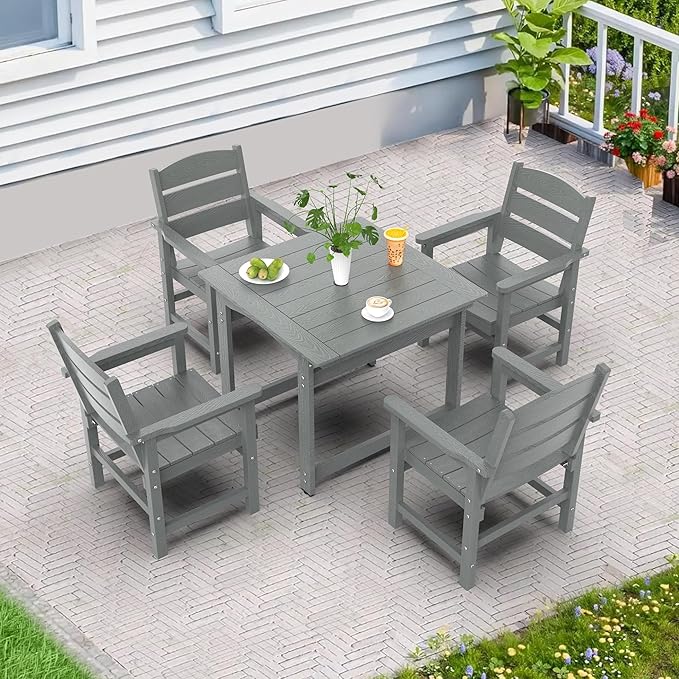 Patio Dining Chair Set of 2, Poly Lumber Outdoor Dining Chairs, Weather Resistant HIPS Outdoor Chairs for Pool, Deck, Backyard, Garden, Fire Pit Seating, Grey