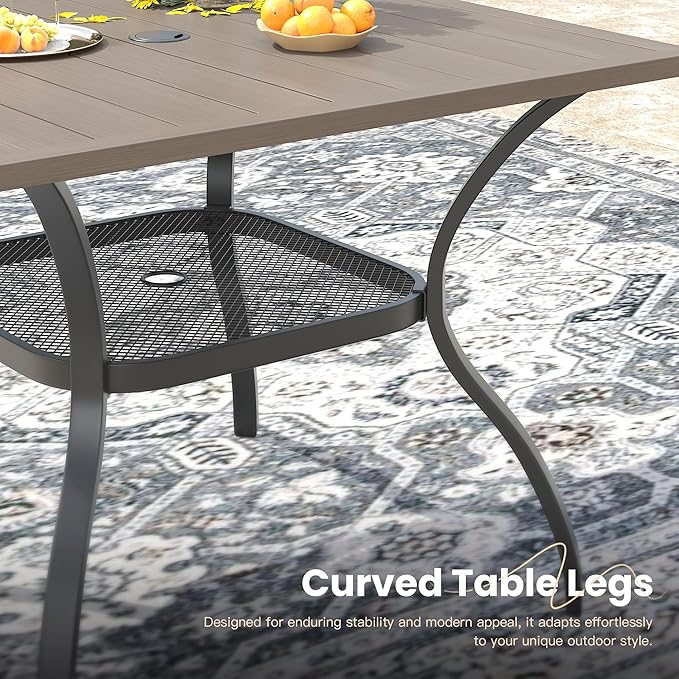 VICLLAX Outdoor Patio Dining Table for 4, Square Metal Table with Umbrella Hole and Storage Shelf for Garden, Lawn, Balcony, Deck, Grey