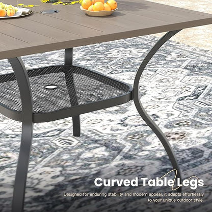 VICLLAX Outdoor Patio Dining Table for 4, Square Metal Table with Umbrella Hole and Storage Shelf for Garden, Lawn, Balcony, Deck, Grey