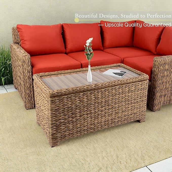 Laguna Point 40'' Outdoor Wicker Coffee Table w/Flip-Top Storage, HDPE Rattan Patio Center Table with Tempered Glass Top, Tan